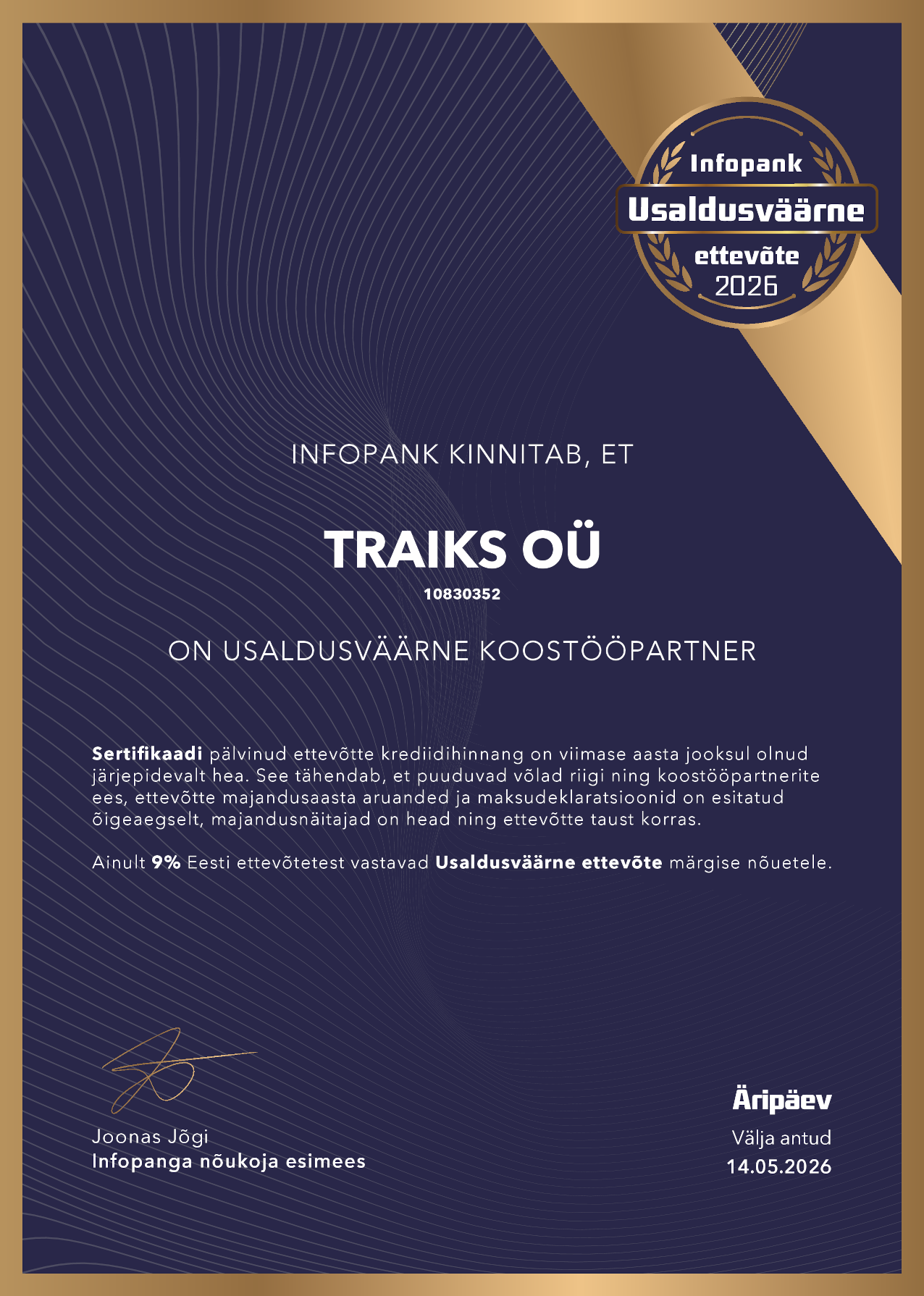 TRAIKS Usaldusvaarne ettevote 2026 Sertifikaat EE